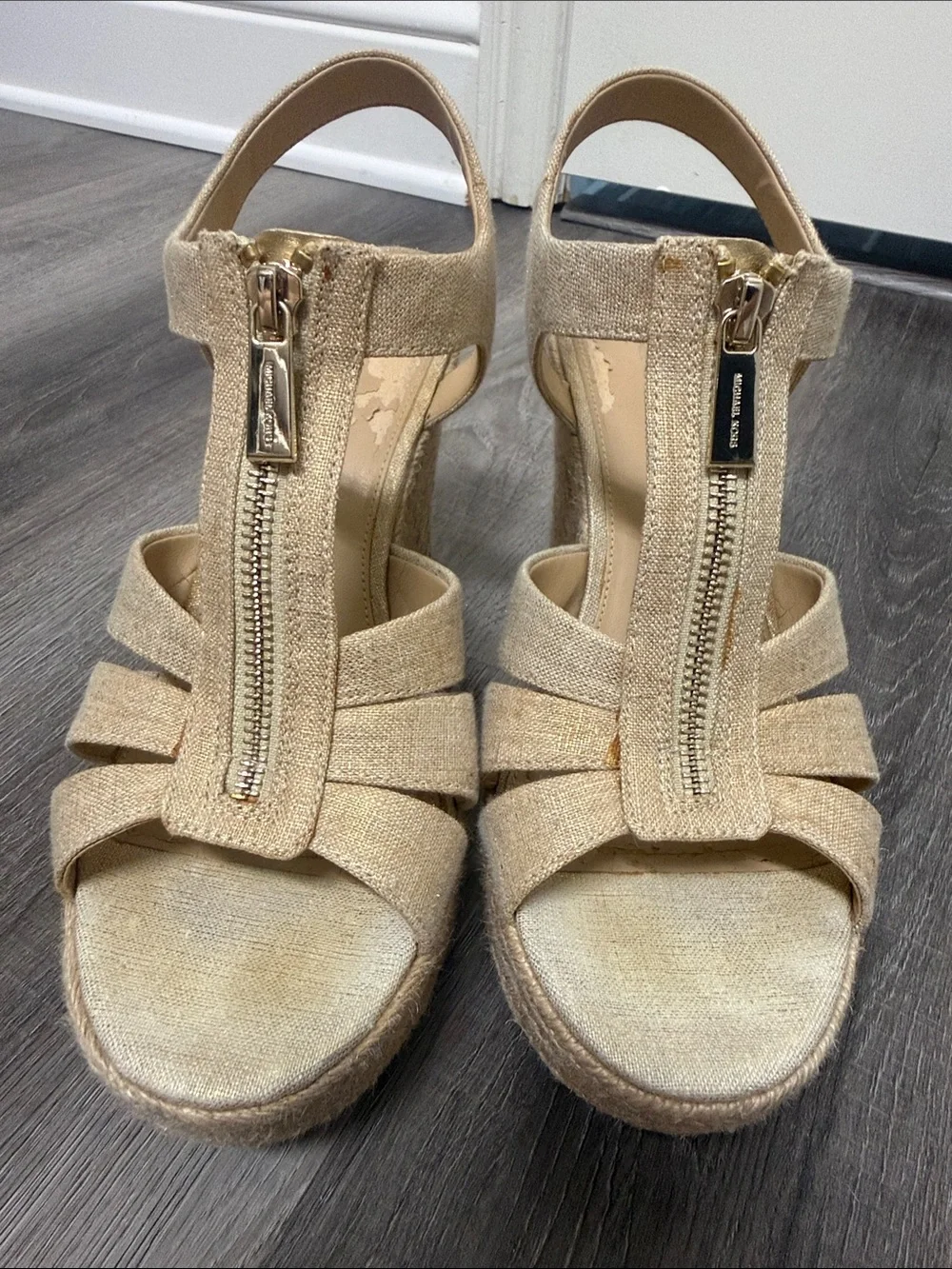 Michael Kors Beige Espadrille Front-Zip Wedge Sandals 8.5
